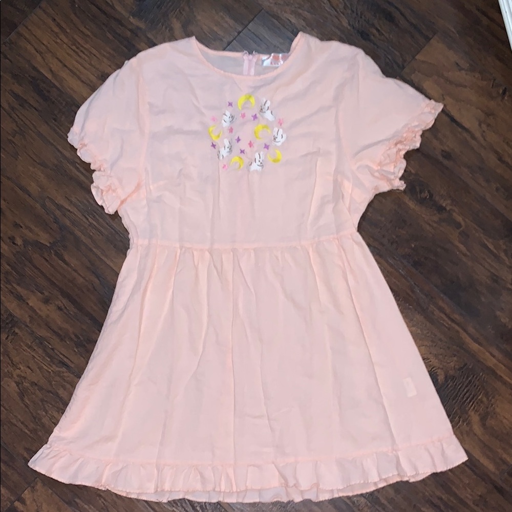 Pink Casual Midi Dress with Puff Sleeves and Crew Neck